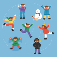 Cute kids are skating on the ice. flat design style minimal vector illustration.