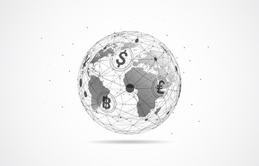 Global network connection. Currency coin. Money transfer. World map point and line composition concept of global business. Vector Illustration