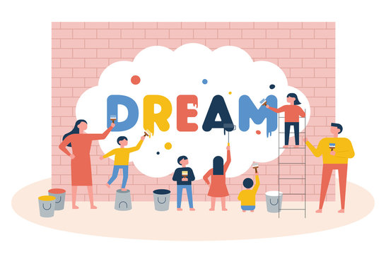 The children are writing the word dream on the wall with paint. flat design style minimal vector illustration.