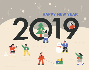 People playing outside on a snowy day. Christmas and new year card concept. flat design style minimal vector illustration.