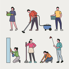 Obraz premium Set of people people doing house cleaning. flat design style minimal vector illustration.