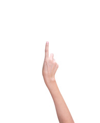 Asian woman right hand and finger doing pressing a button,  isolated on white background with clipping path