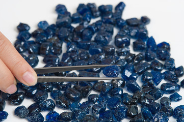Collection of lovely blue rough and uncut sapphire gemstones.