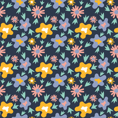 Obraz premium Seamless floral background . Hand drawn vintage pattern on blue background for fabric, digital paper.
