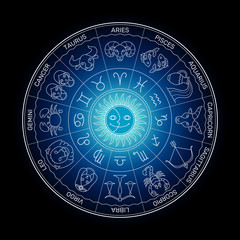 Zodiac symbol circle, minimal cartoon style, white line on dark background.