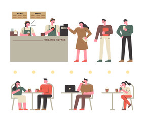 customer characters ordering at cafe. Barista character. Coffee shop scenery.  flat design style minimal vector illustration.