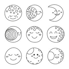 Set of doodle moon happy icons.