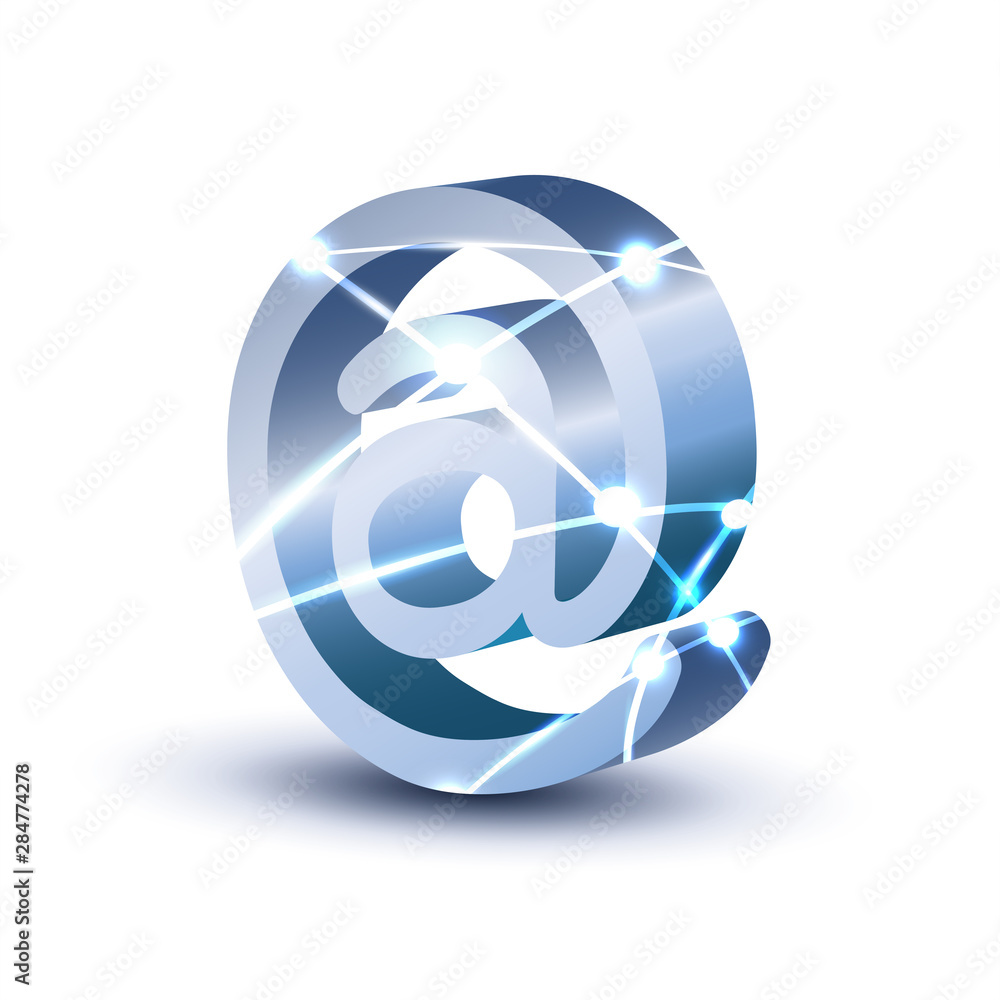 Poster 3d @ icon with mesh for social media communication and technology, vector illustration