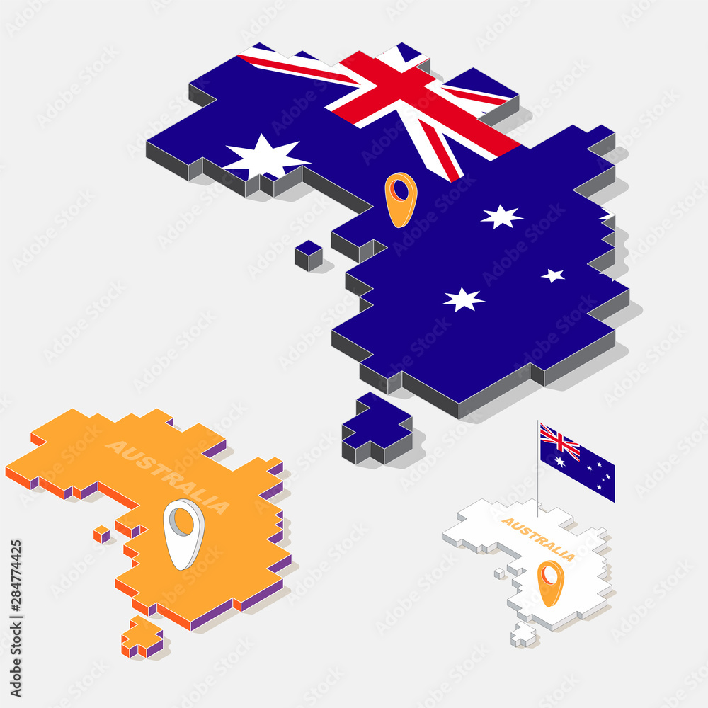 Poster australia flag on map element with 3d isometric shape isolated on background, vector illustration
