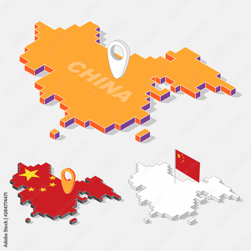 Poster china flags on map element with 3d isometric shape isolated on background, vector illustration