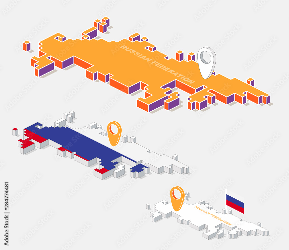 Poster russian federation map element with 3d isometric shape isolated on background, vector illustration