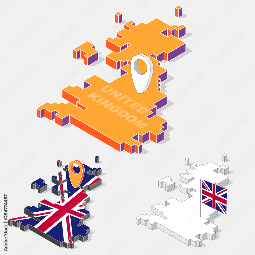 Poster united kingdom flags on map element with 3d isometric shape isolated on background, vector illustrat