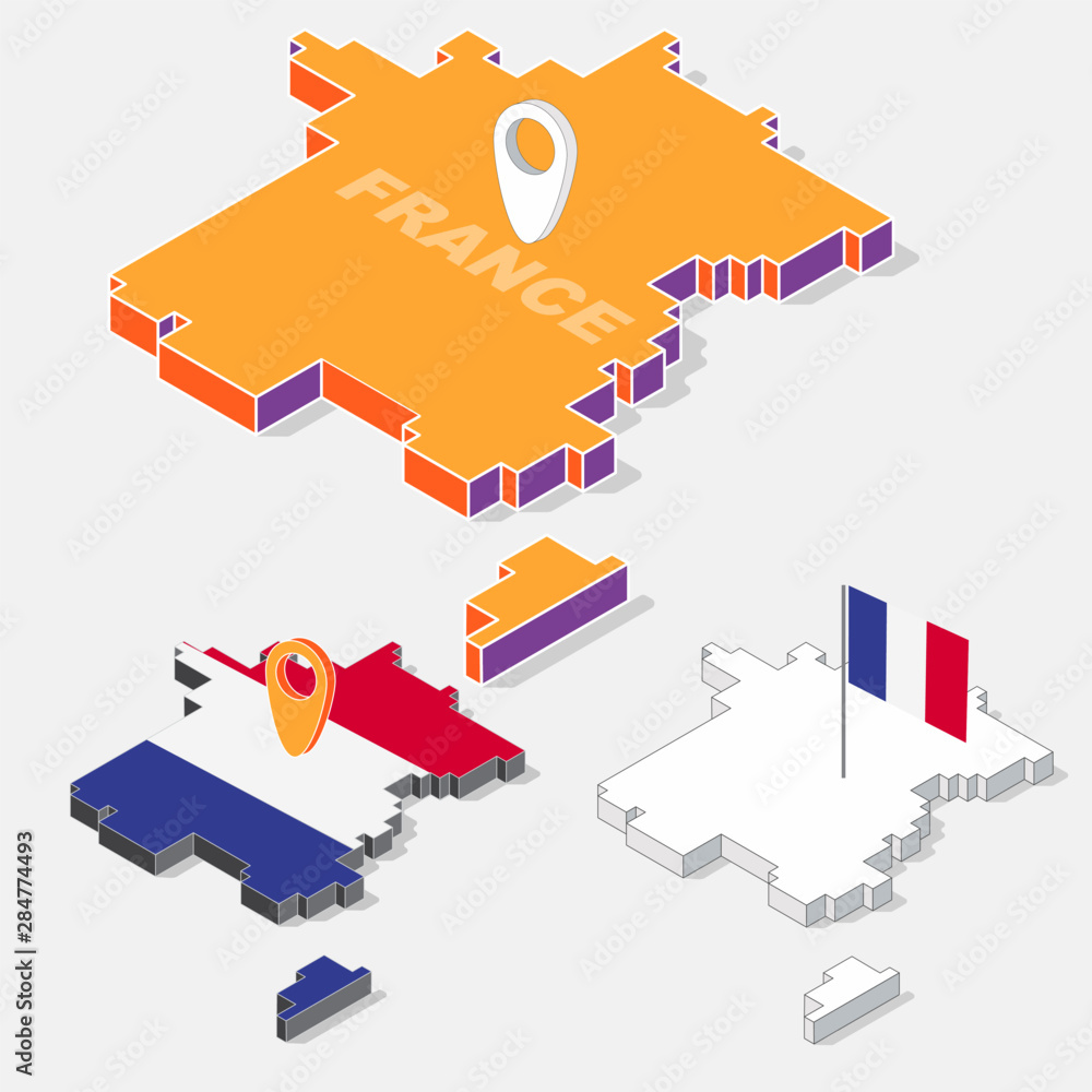Poster france flags on map element with 3d isometric shape isolated on background, vector illustration