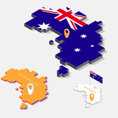 Australia flag on map element with 3D isometric shape isolated on background, vector illustration