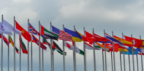 Flags of different countries in the park