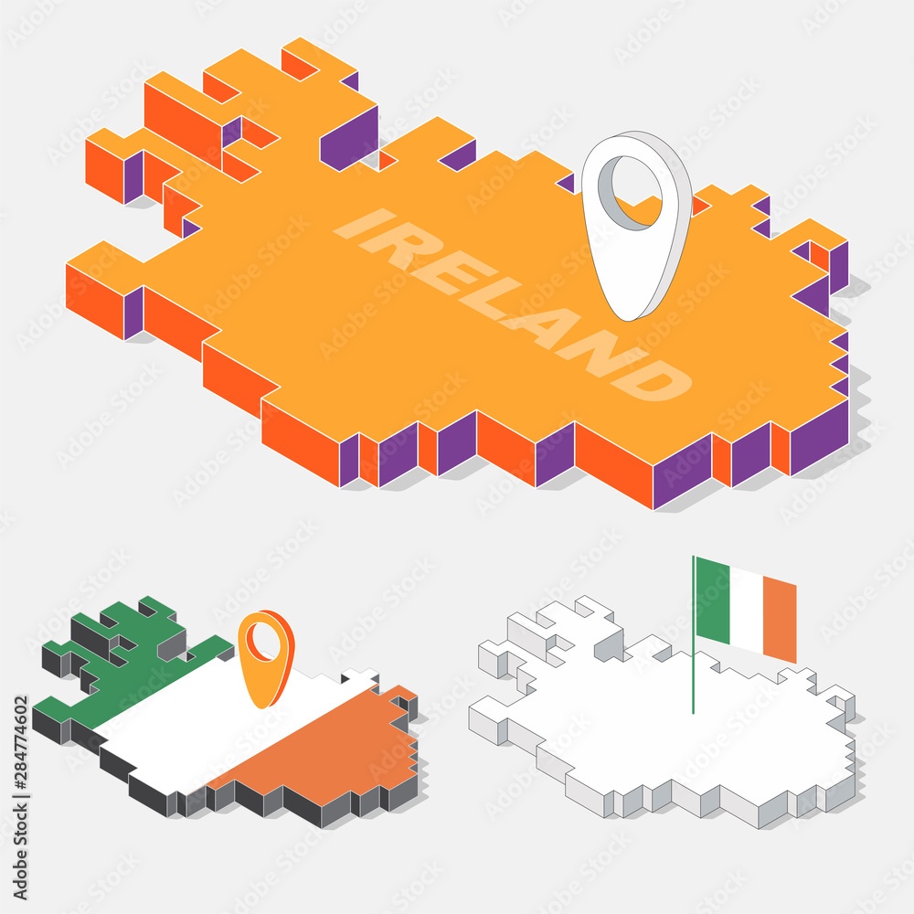 Poster ireland flags on map element and 3d isometric shape isolated on background, vector illustration