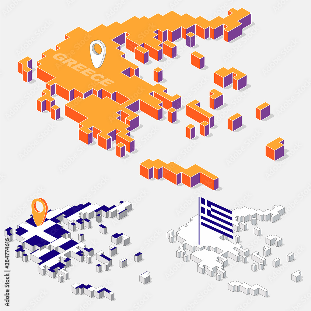 Poster greece flags on map element and 3d isometric shape isolated on background, vector illustration