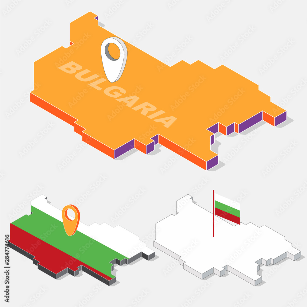 Poster bulgaria flag on map element with 3d isometric shape isolated on background, vector illustration