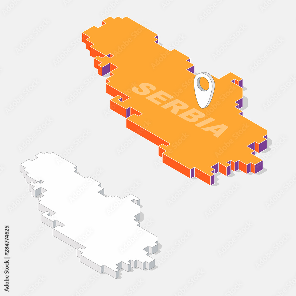 Poster serbia flags on map element and 3d isometric shape isolated on background, vector illustration