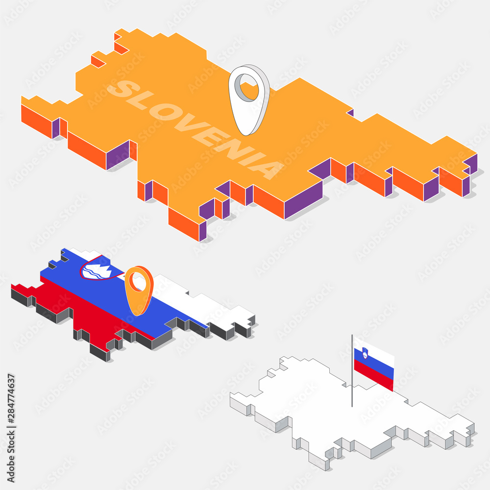 Poster slovenia flag on map element with 3d isometric shape isolated on background, vector illustration