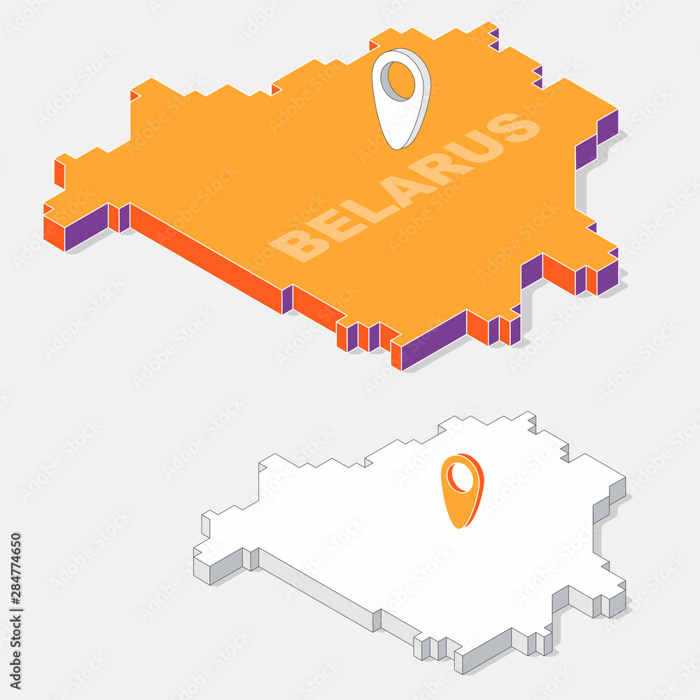 Poster belarus flags on map element and 3d isometric shape isolated on background, vector illustration
