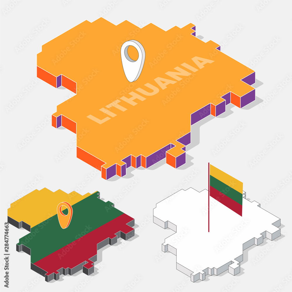 Poster lithuania flags on map element and 3d isometric shape isolated on background, vector illustration