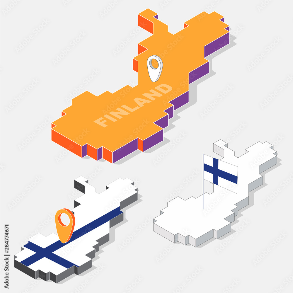 Poster finland flag on map element with 3d isometric shape isolated on background, vector illustration