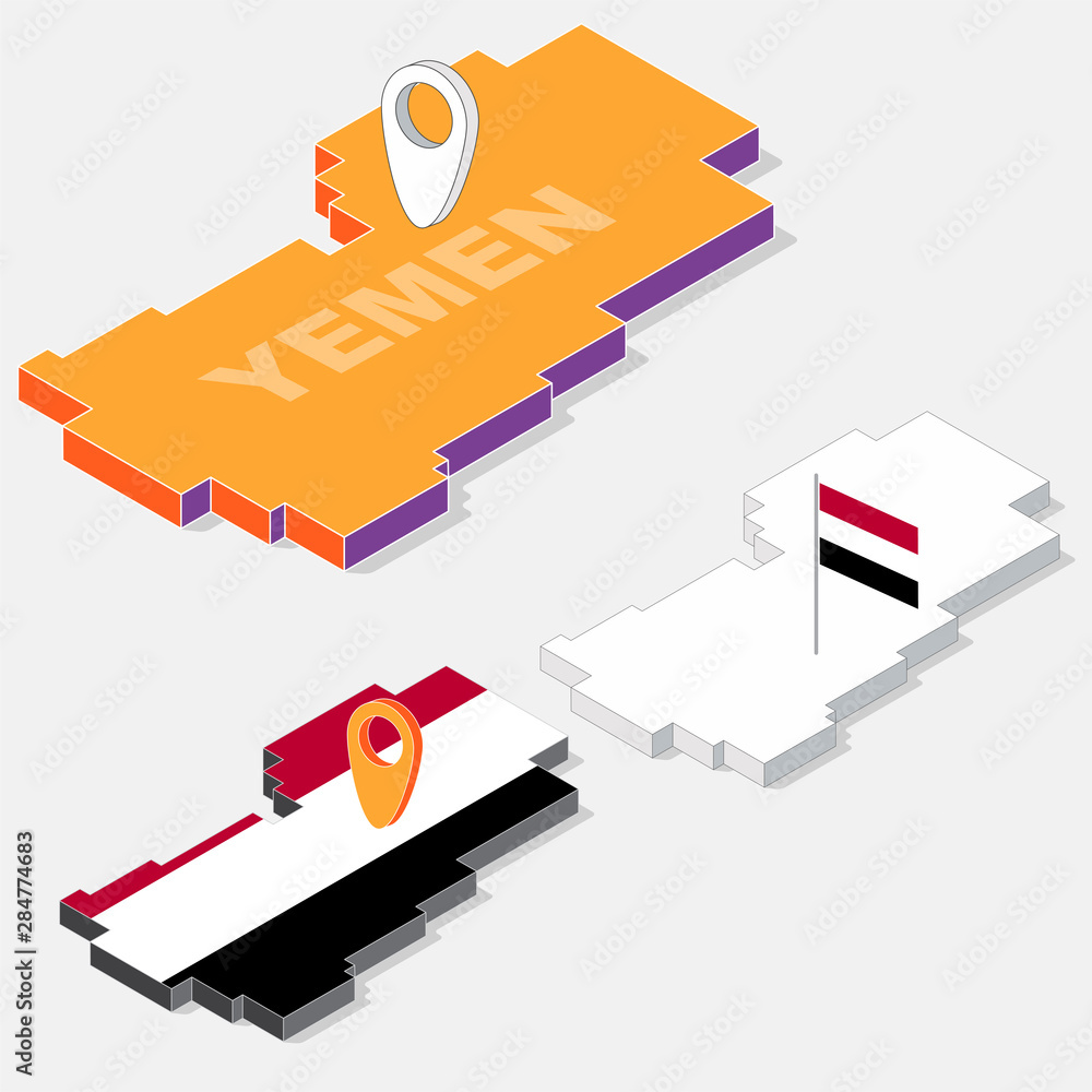Poster yemen flag on map element with 3d isometric shape isolated on background, vector illustration