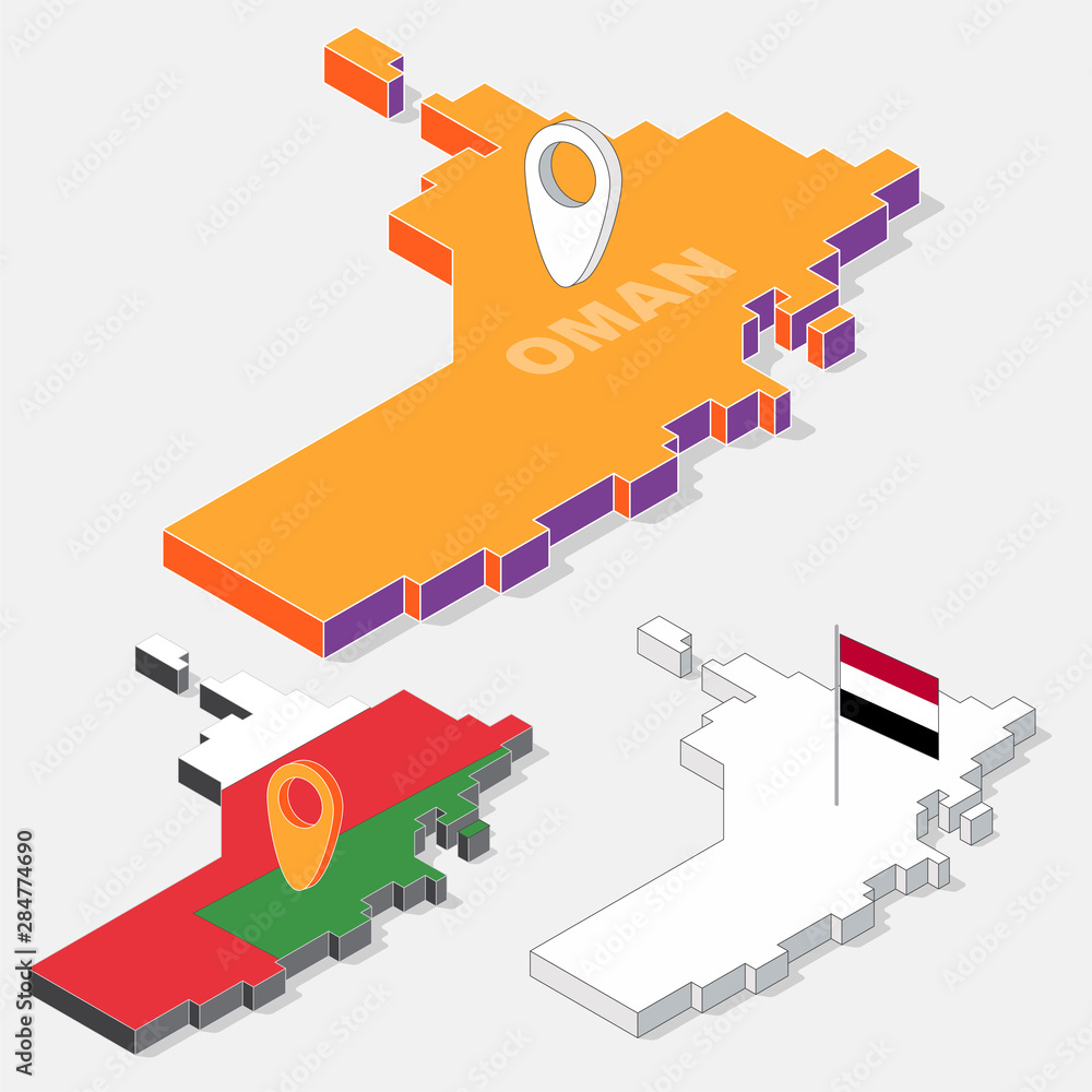 Poster oman flag on map element with 3d isometric shape isolated on background, vector illustration