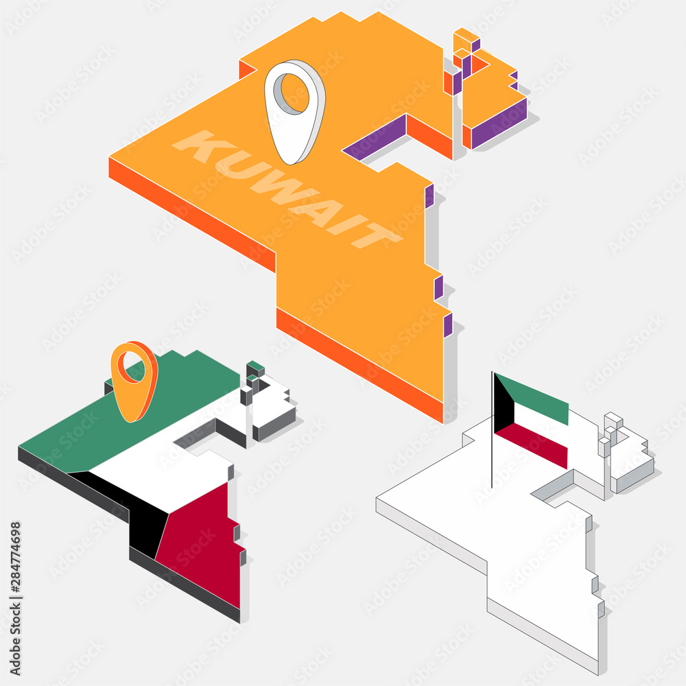 Poster kuwait flag on map element and 3d isometric shape isolated on background, vector illustration
