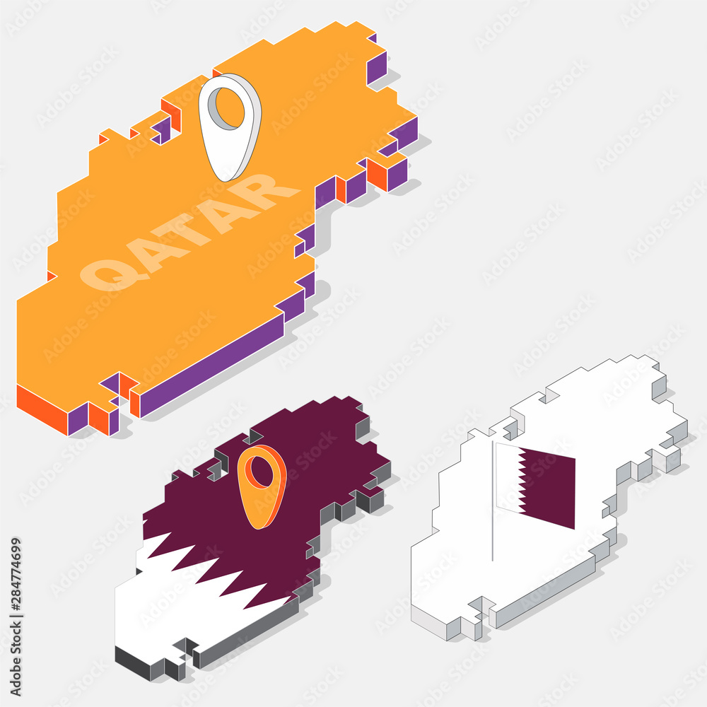 Poster qatar flag on map element and 3d isometric shape isolated on background, vector illustration