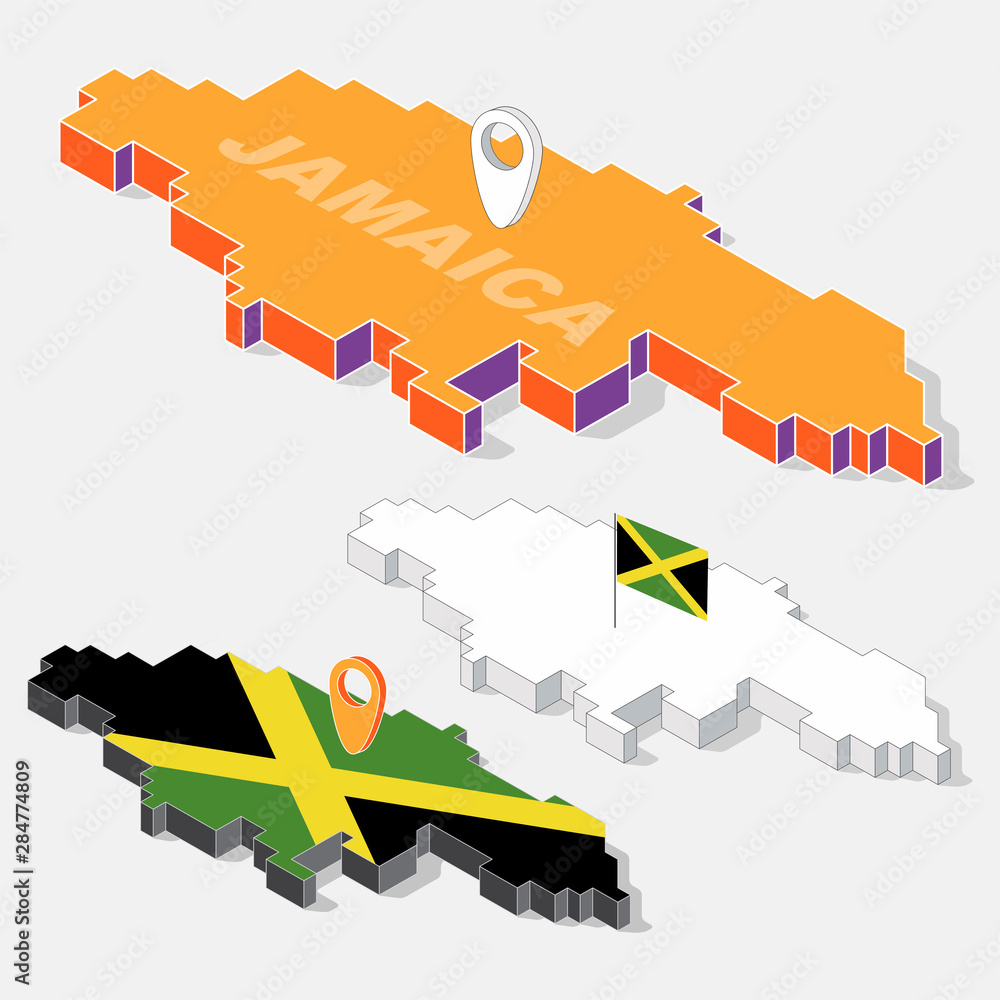 Poster jamaica flag on map element with 3d isometric shape isolated on background, vector illustration
