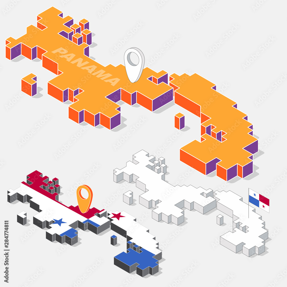 Poster panama flag on map element with 3d isometric shape isolated on background, vector illustration