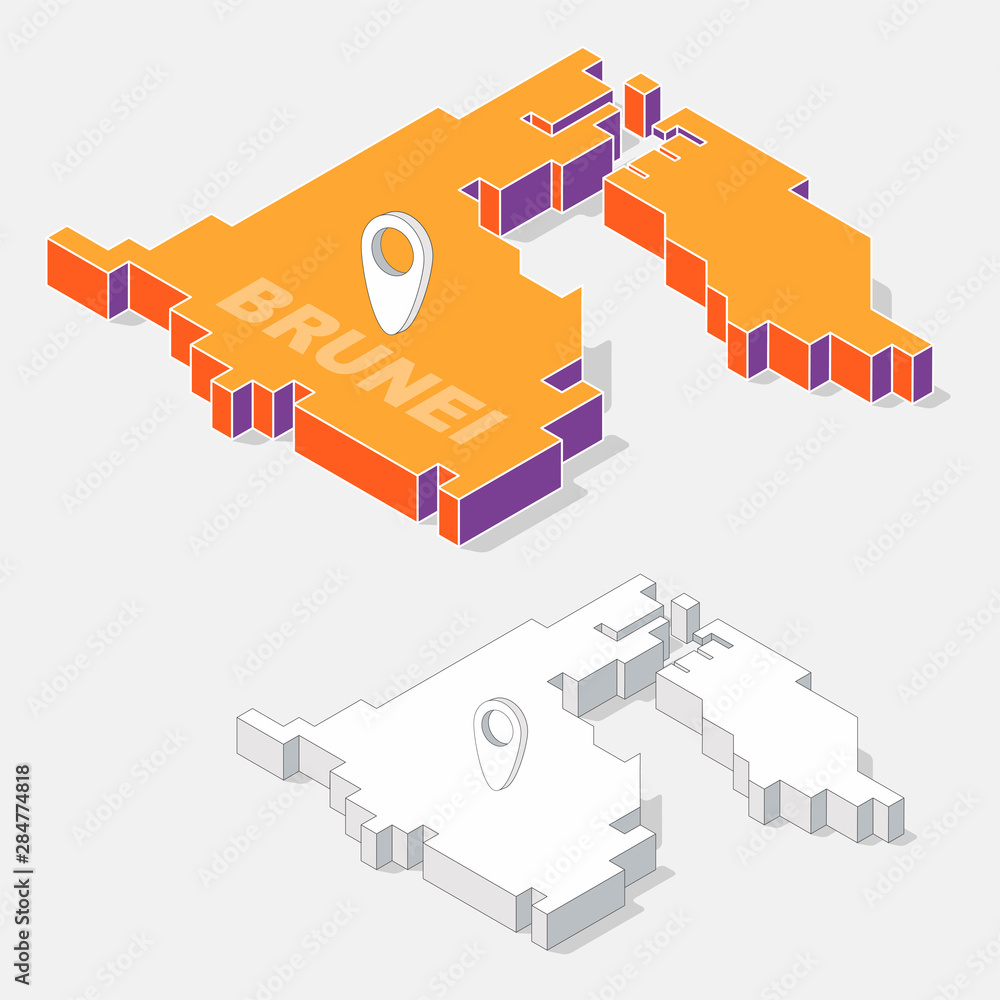 Poster brunei map element with 3d isometric shape isolated on background, vector illustration
