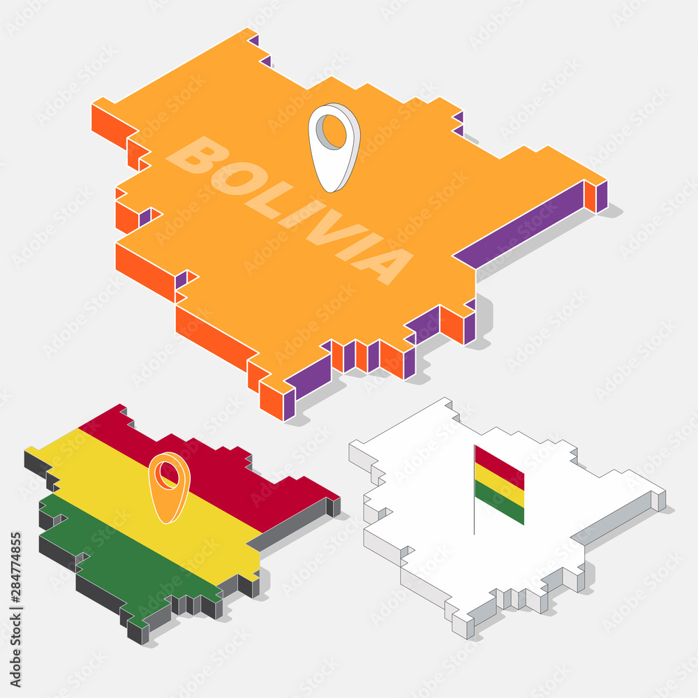 Poster bolivia flag on map element with 3d isometric shape isolated on background, vector illustration