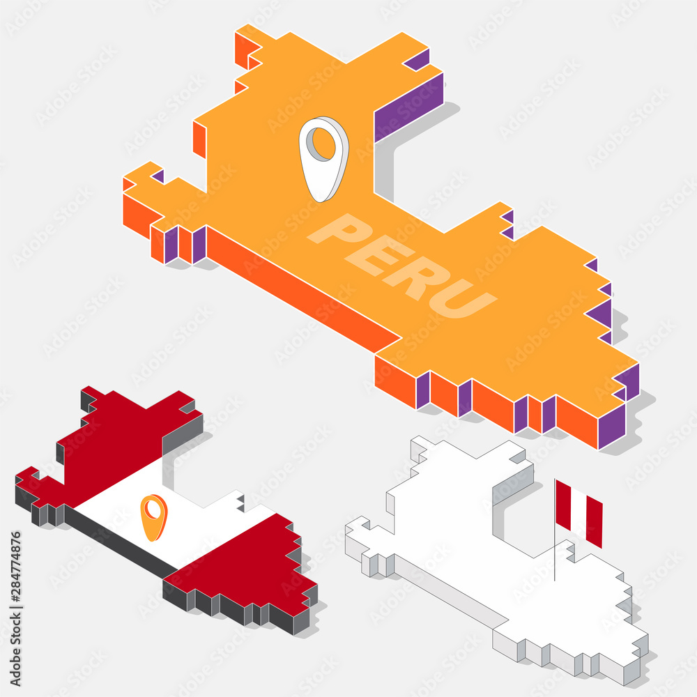 Poster peru flag on map element with 3d isometric shape isolated on background, vector illustration