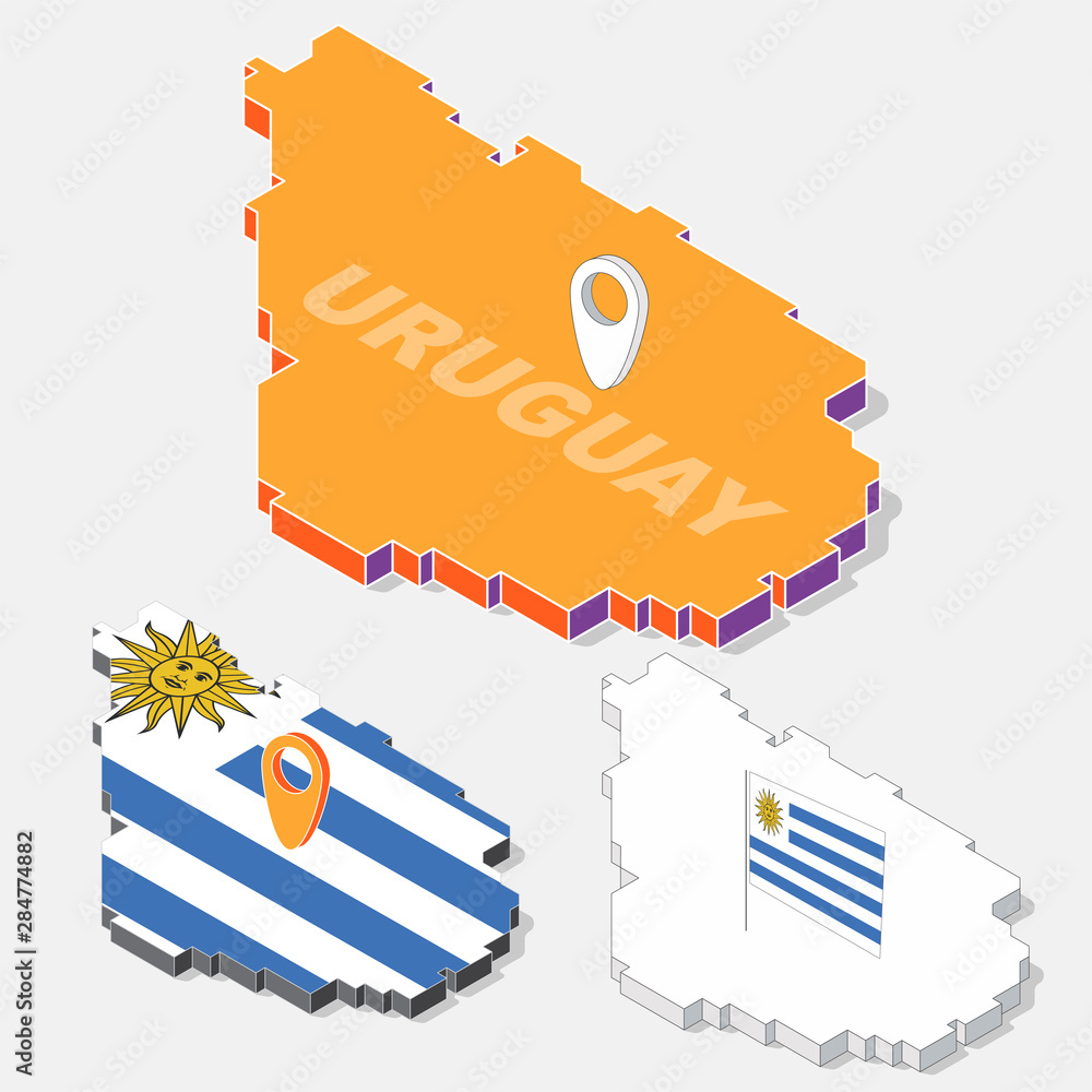 Poster uruguay flag on map element with 3d isometric shape isolated on background, vector illustration