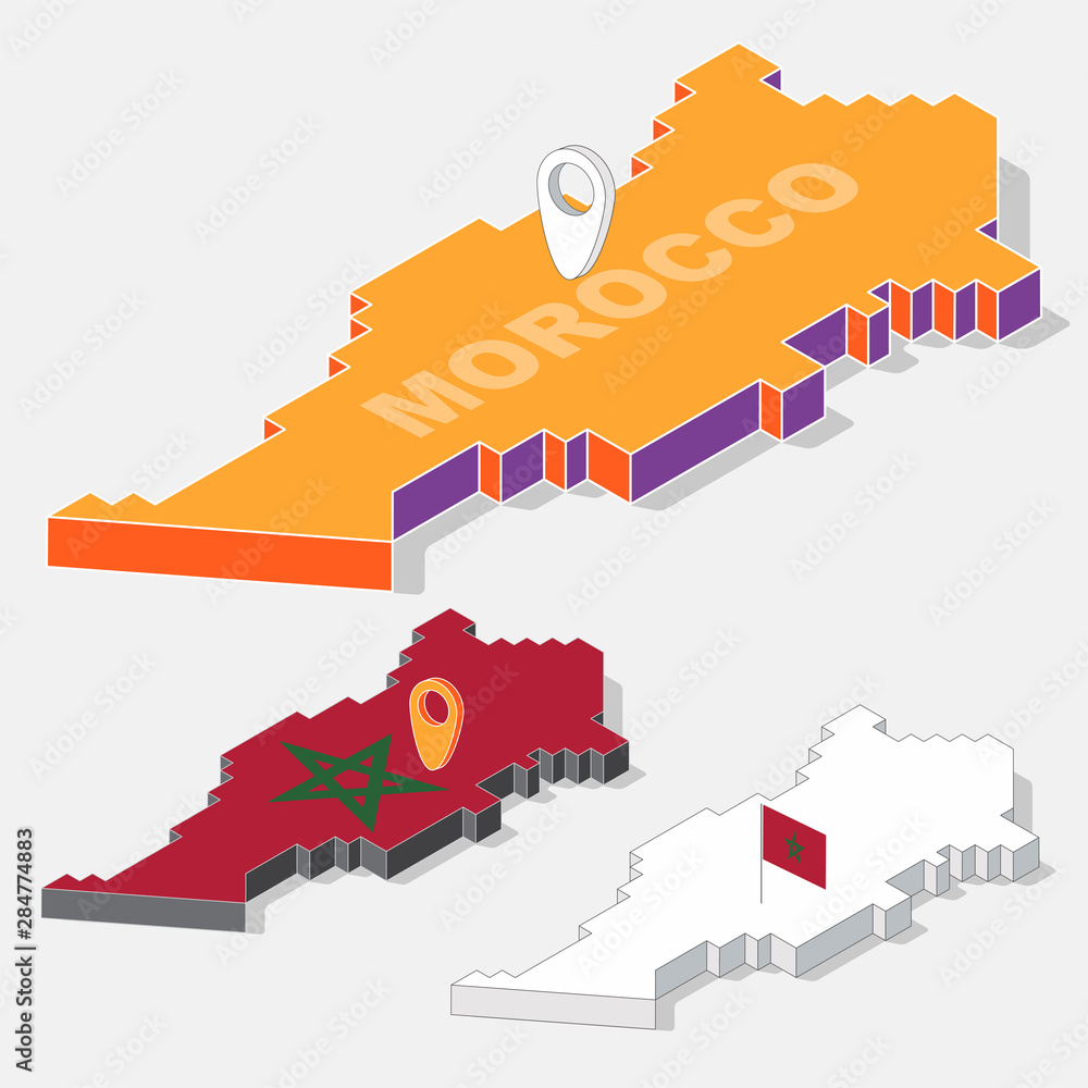 Poster morocco flag on map element with 3d isometric shape isolated on background, vector illustration