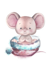 Watercolor little mouse - symbol of 2020 illustration.