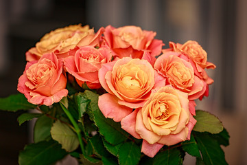 A beautiful bouquet of roses. Close-up of pink buds, greeting card