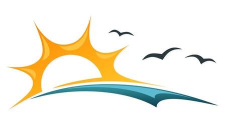 A symbol of dawn sun with sea and birds.