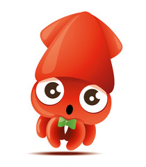 Cartoon cute squid with green bowtie, vector mascot character - vector mascot