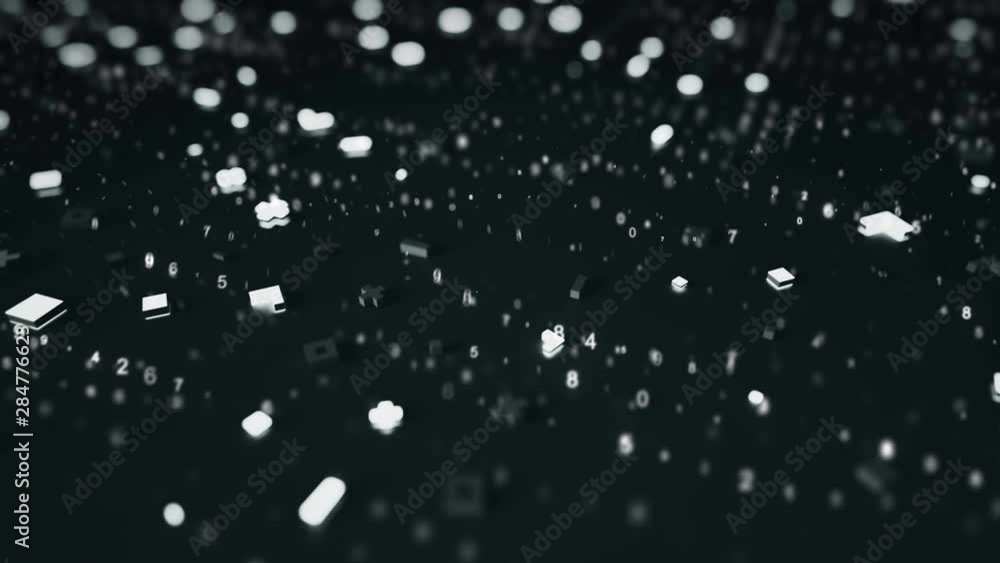 Poster abstract geometric shapes and numbers. random glowing symbols and big data. science fiction or infor
