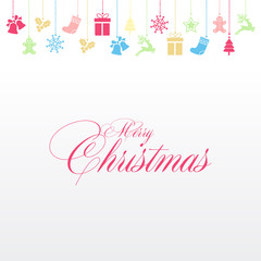 Merry Christmas greeting card with Christmas ornaments. Vector