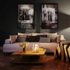 Cute living room interior with paintings by evening (detail) - 3d visualization