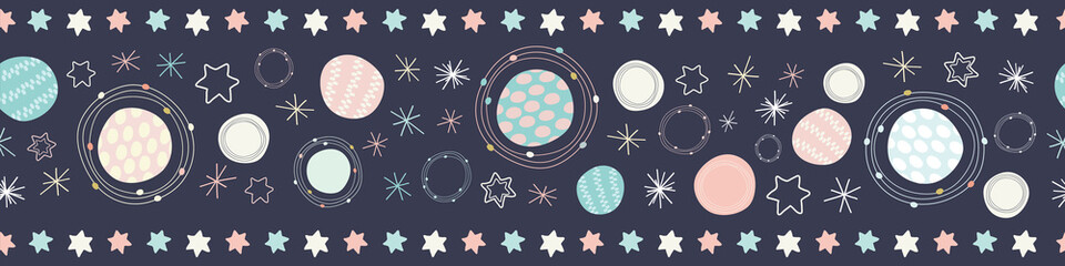 Space seamless pattern border. A fun vector repeat of stars and planets ideal for children. © Anna Beatty