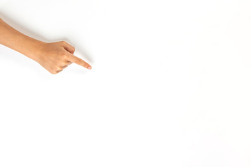 Kid hand pointing with finger to something on white background