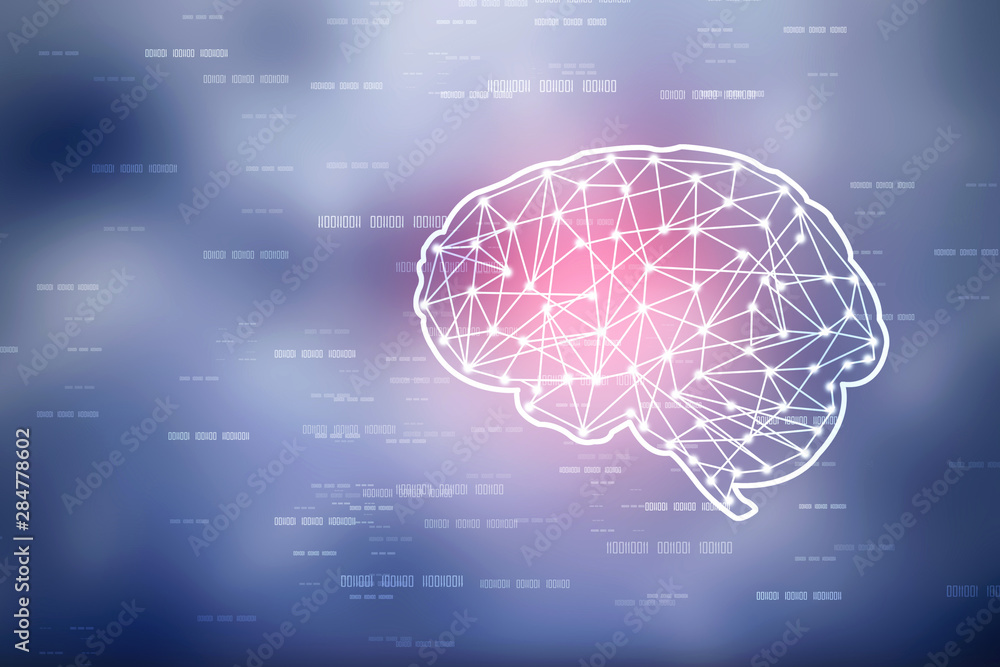 Poster 2d illustration concept of thinking, background with brain, abstract artificial intelligence. techno