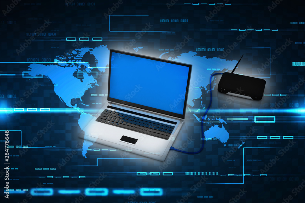 Poster 3d rendering transmitter wi-fi modem with laptop