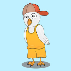 Vector illustration of cartoon character - bird in shorts, t-shirt and cap